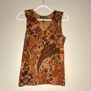 Lauren Ralph Lauren Paisley V-Neck Ruffle Sleeveless Cotton Top Sexy Career